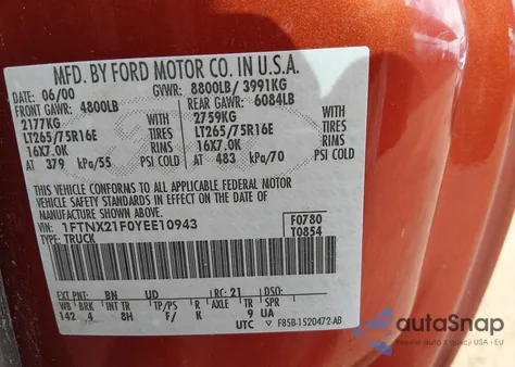 2000 Ford F-250 Lariat/Xl/Xlt z USA, uszkodzony, nr VIN 1FTNX21F0YEE10943